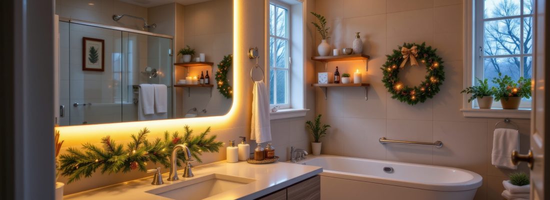 a bathroom with subtle warm christmas lights along the mirror shelves and bathtub creating a calm serene holiday atmosphere perfect for relaxing at night, Generative AI